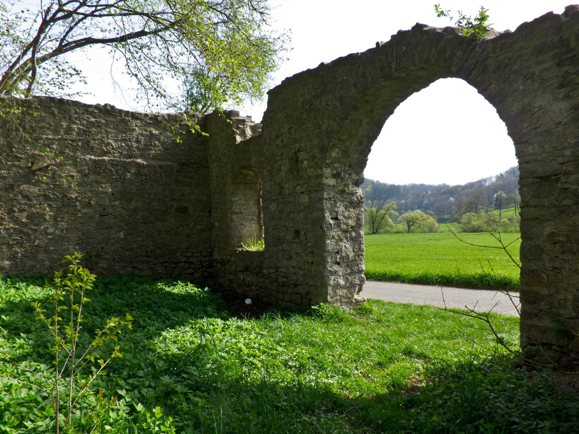 Eichenhaldenkelter im Kochertal zwischen Obermünkheim und Gelbi Eichenhaldenkelter im Kochertal zwischen Obermünkheim und Gelbingen. Eine von ehemals fünf Keltern auf Geibinger Gebiet, erstmals 1458 urkundlich erwähnt, 1672 im Besitz des Reichsstifts Comburg. 1823 aus Staatsbesitz in Privathand verkauft, wahrscheinlich mit dem Niedergang des Weinbaus im Kochertal gegen Ende des 19. Jahrhunderts aufgegeben und seitdem Ruine. Die Kelter war Standort einer Weinpresse. Aufgrund der Kelterpflicht müssten die Weingärtner ihre Trauben in einer bestimmten Kelter pressen lassen und dafür einen Teil des Weines an den Inhaber,des Kelterrechts abtreten, in diesem Fall des Reichsstifts Comburg. Quelle: hinweisschild an der Kelter. - Wanderung von Obermünkheim über den Lindenhof zur Archebrücke. Von dort zur Ruine Eichenhaldenkelter und über die Schleifbachklinge nach Sülz. Von Sülz zur Ruine Geyersburg und über den Lindenhof wieder zurück nach Obermünkheim.